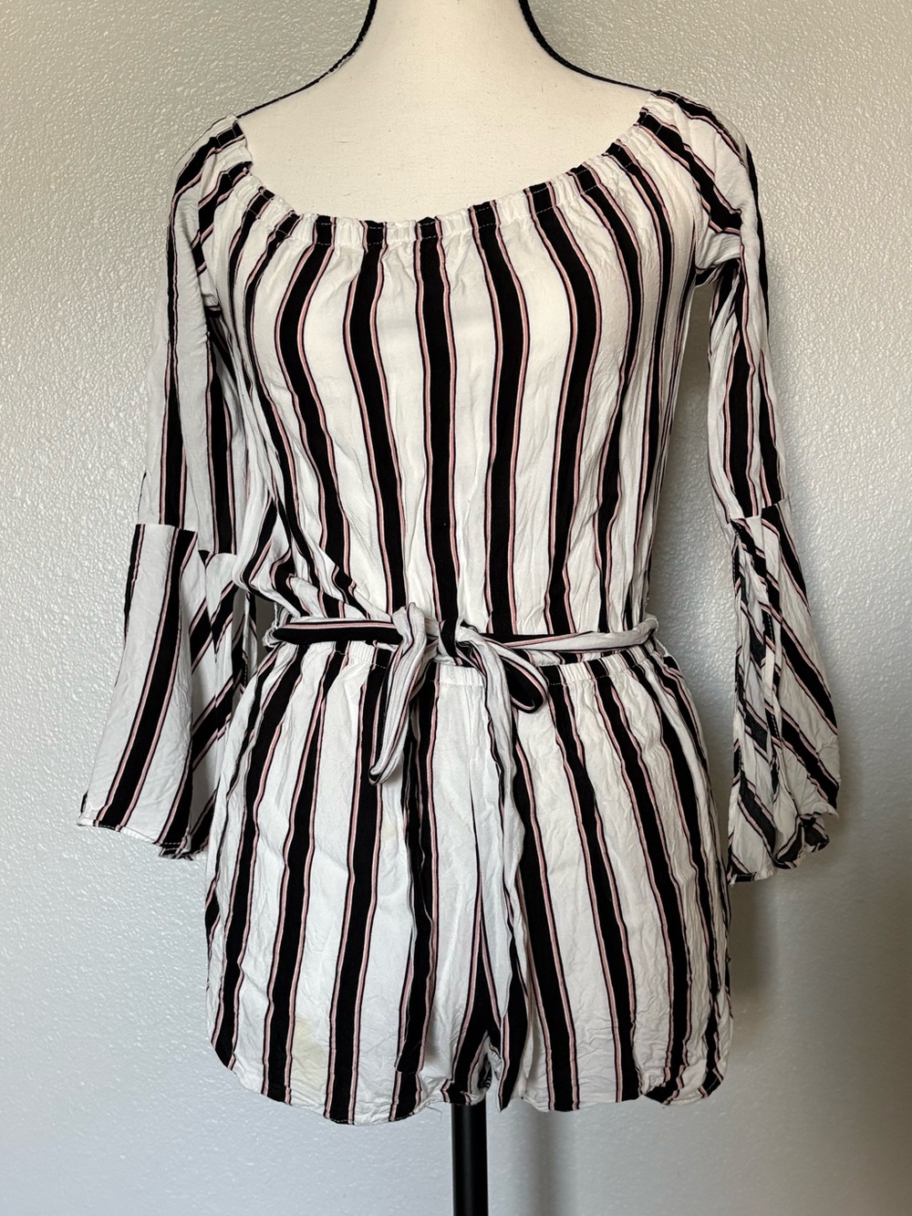 silence + noise Black, White & Pink Striped Off-Shoulder Romper